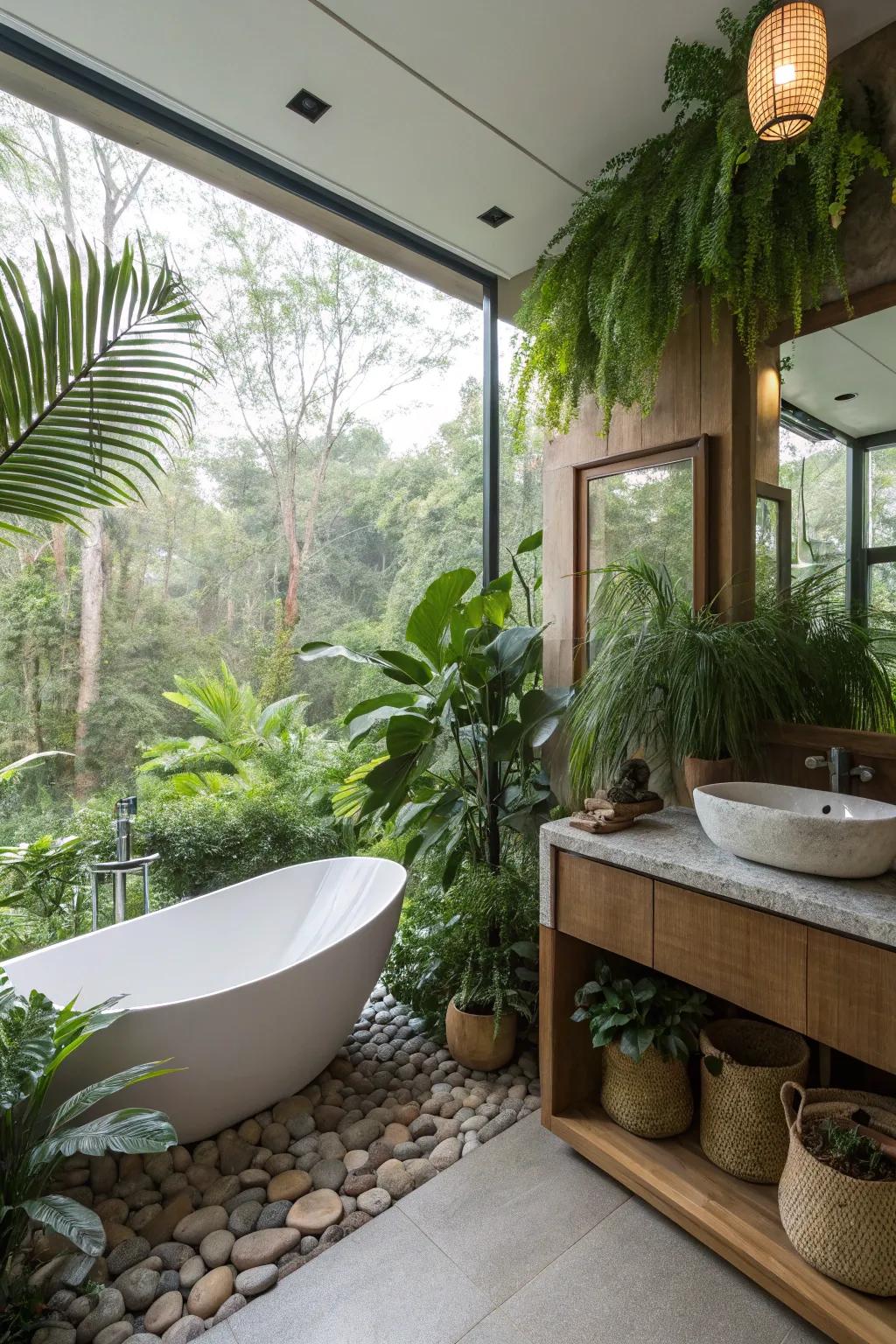 Foliage imparts an invigorating nuance to this spacious bathroom.