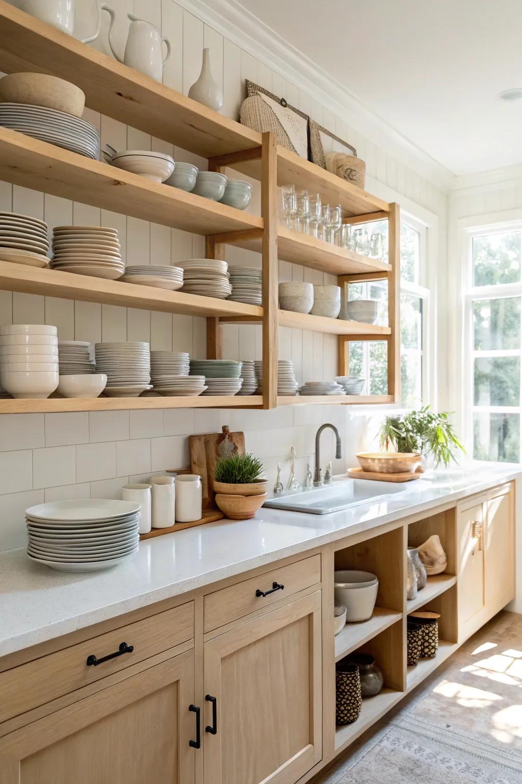 Open shelving in pale maple offers both fashion and practicality.