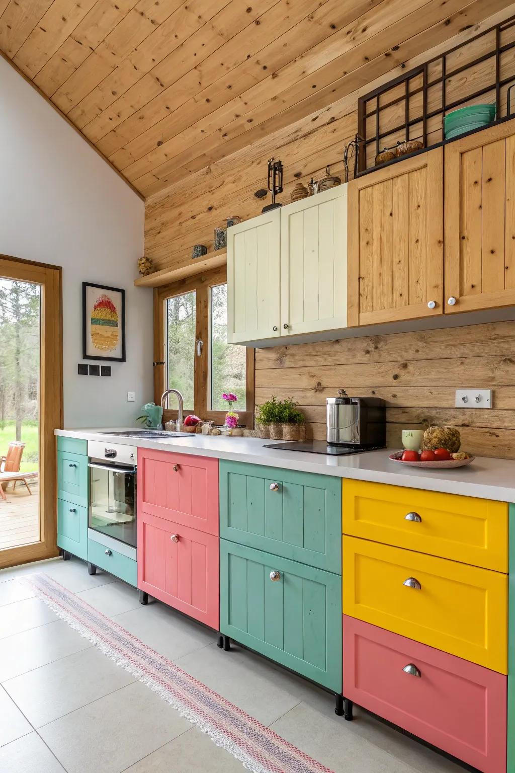 Colored accents enhance individuality in rustic kitchens.