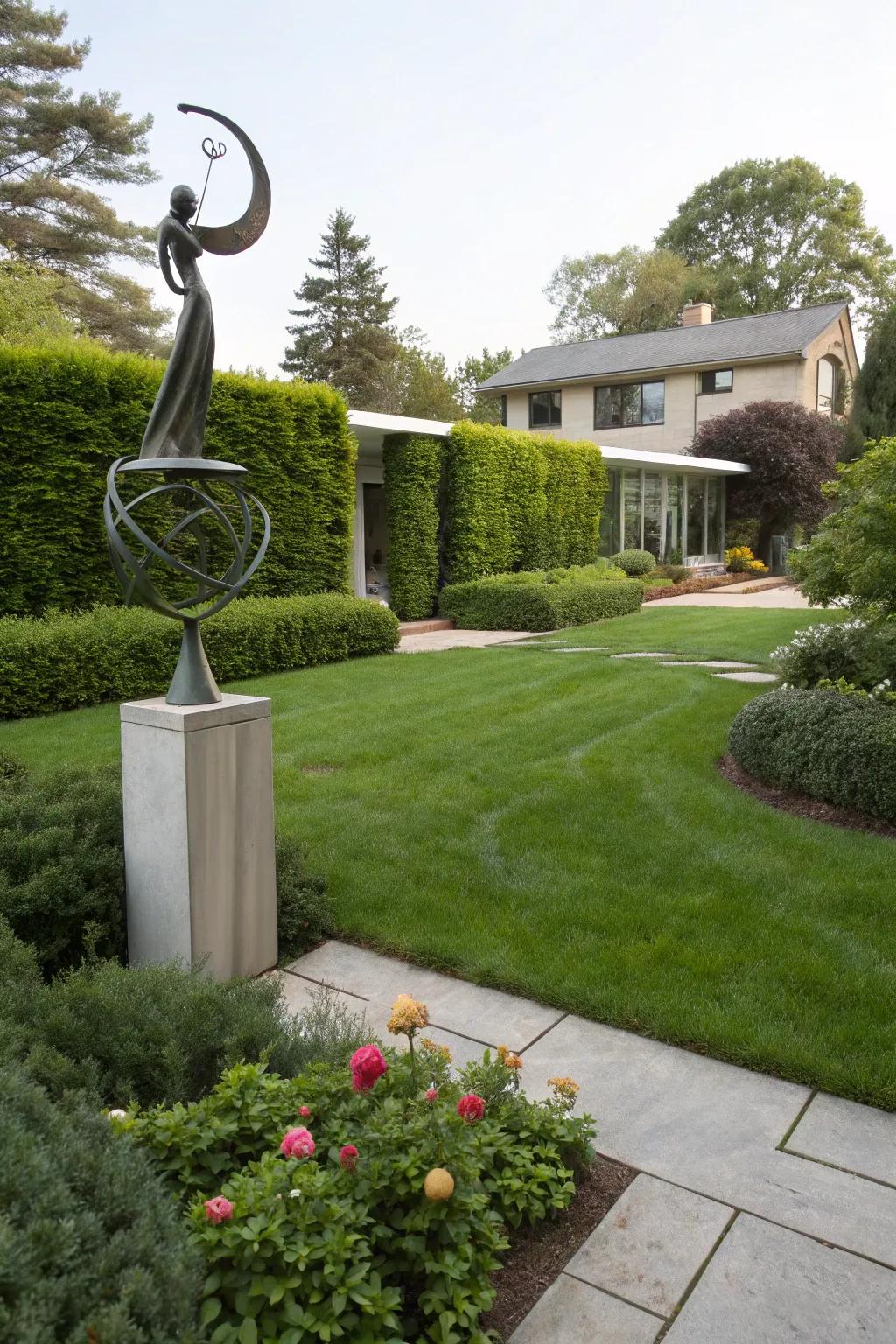 A front yard showcasing a contemporary sculpture that enriches its visual appeal.