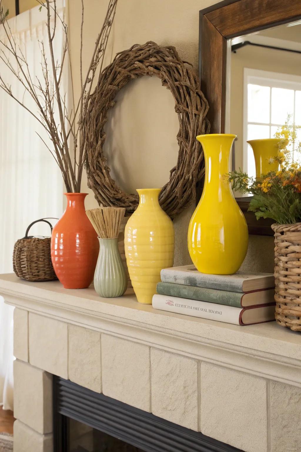 A neutral scheme with bursts of color can enhance your mantel's appeal.