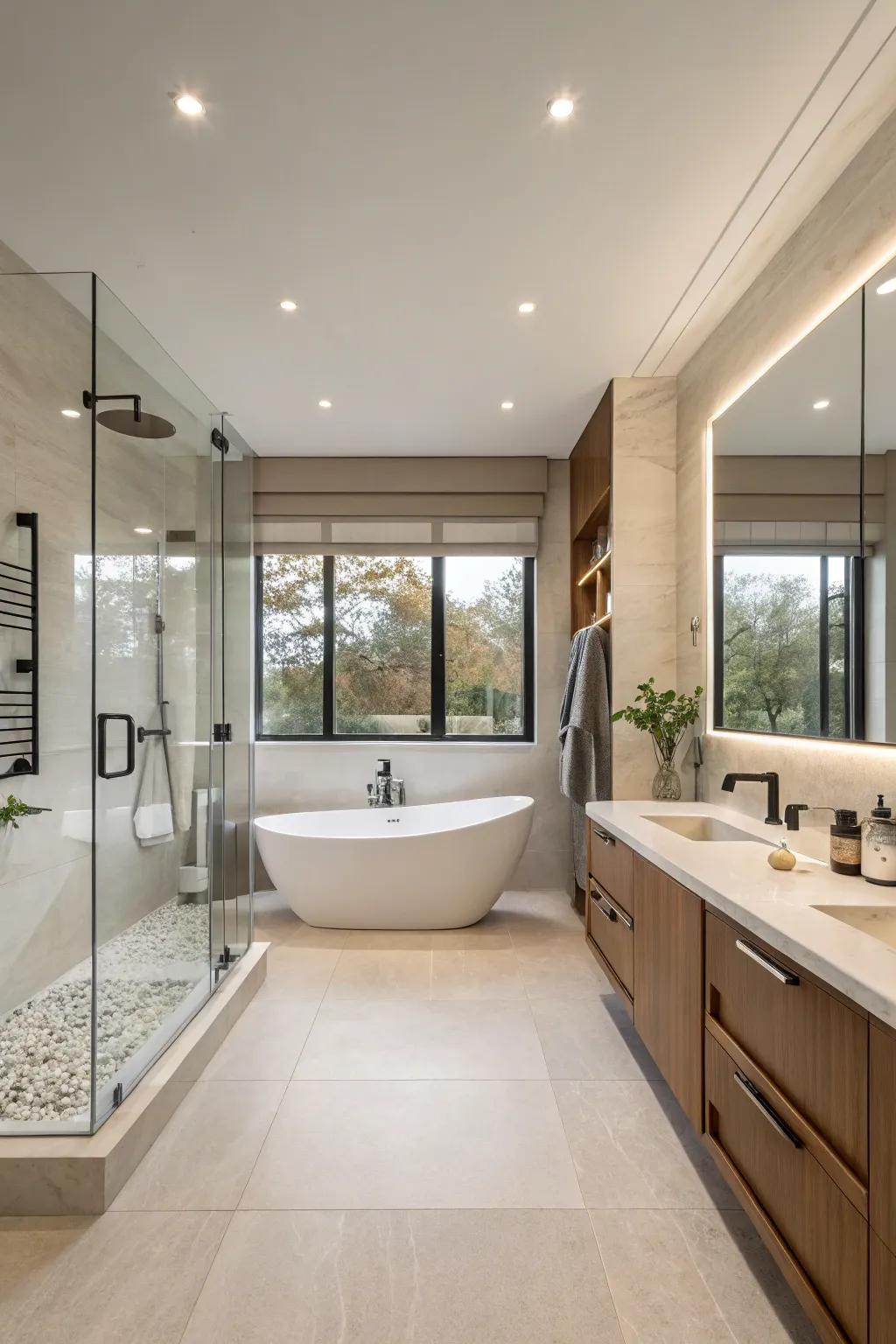 Understated décor underscores the refinement of a contemporary primary bathroom.