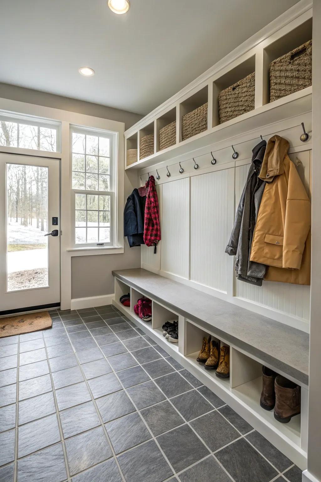 Robust flooring is crucial for maintaining a practical mudroom.