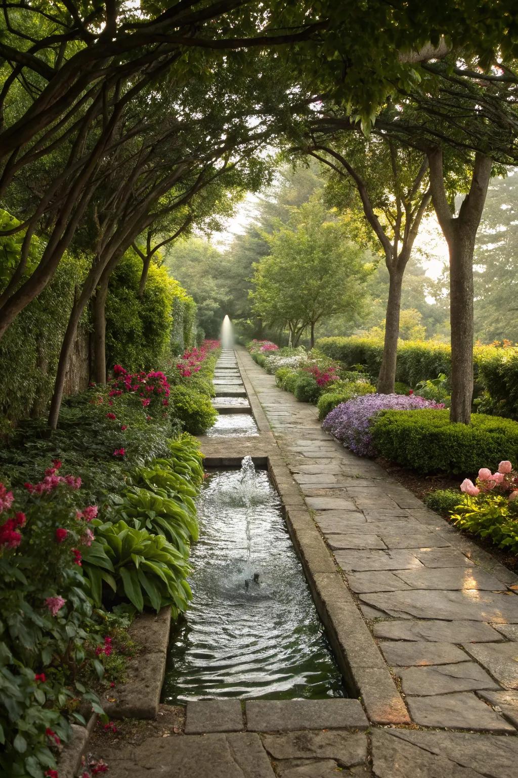 A garden walkway complemented by a soothing water element for added serenity.