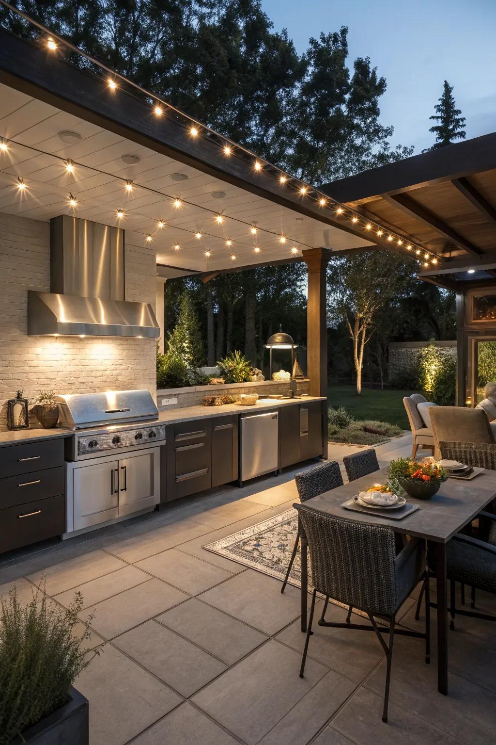 Ambient lighting that enhances the atmosphere of an evening outdoor kitchen.