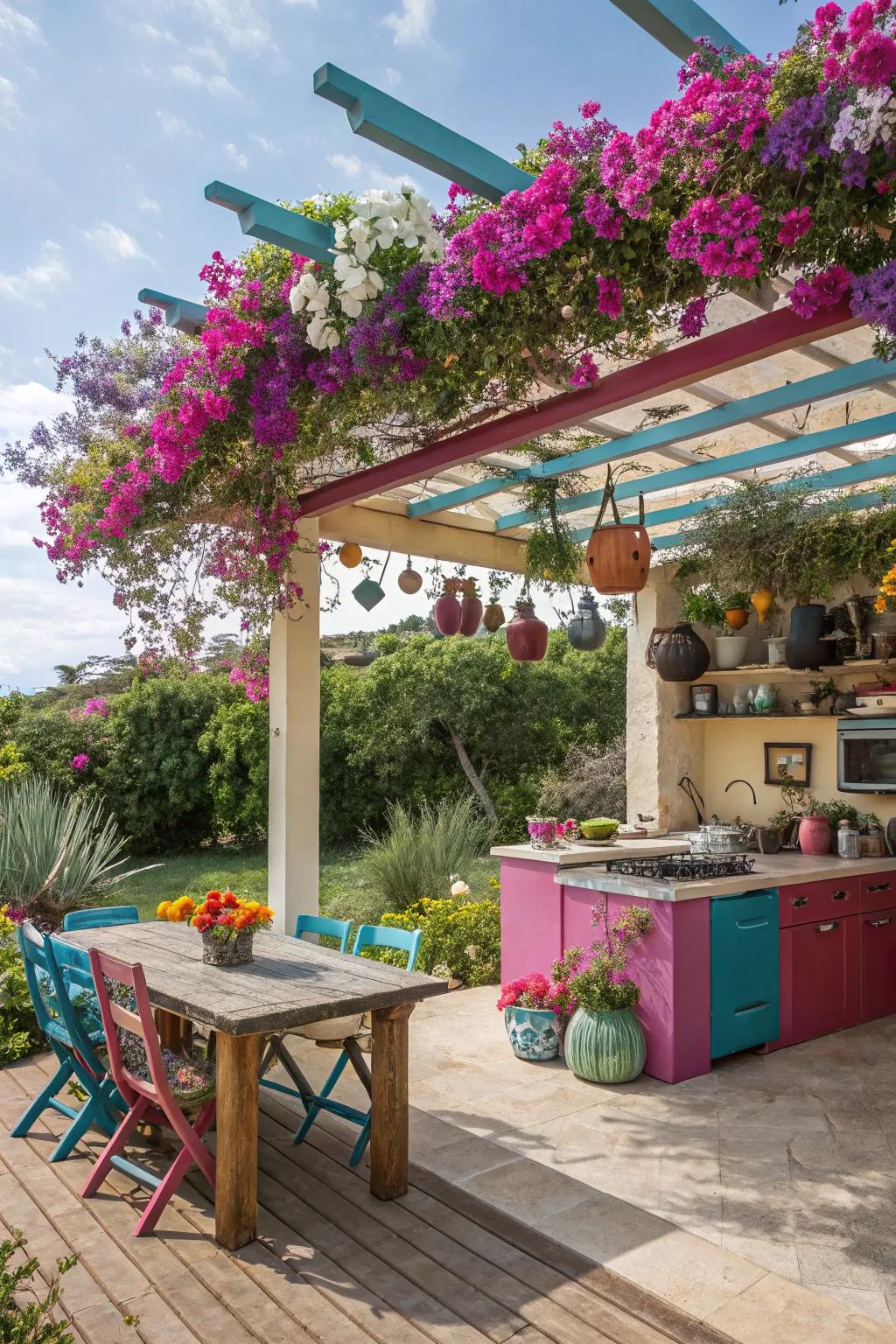 Bold-colored pergola commanding attention above an outdoor kitchen.