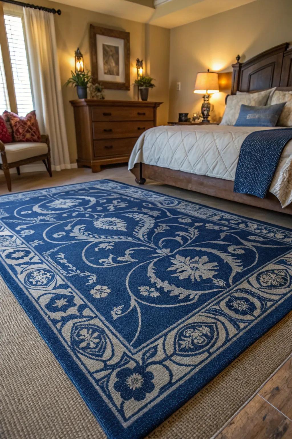 A patterned rug adds texture and unifies the sapphire blue theme.