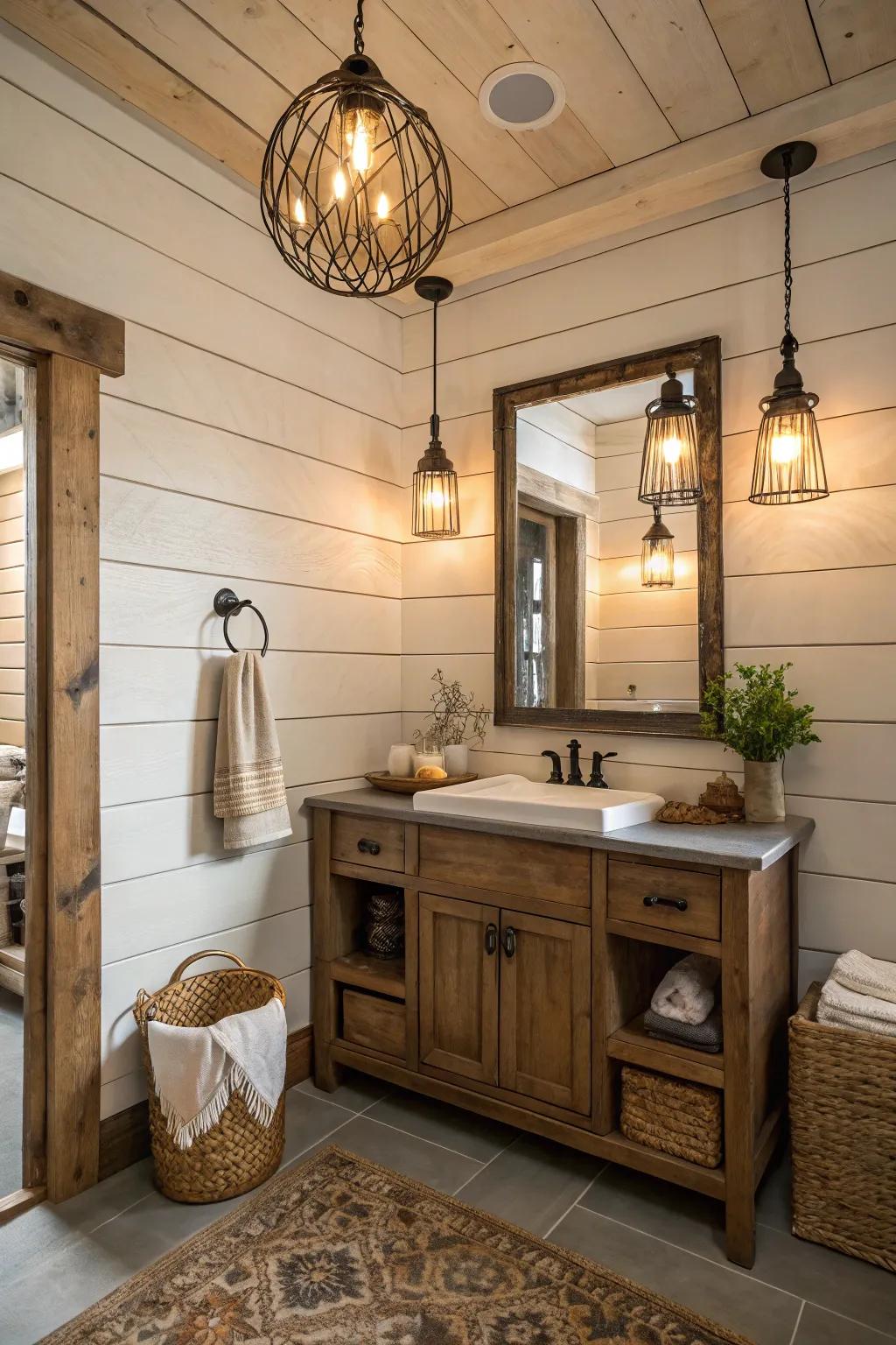 Drop luminaires enhancing the rustic allure with a comforting glow.