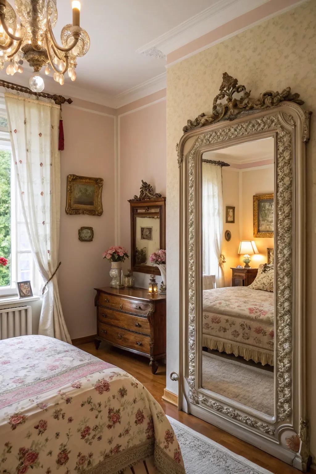 Elaborate reflectors contribute elegance and light to a shabby chic bedroom.