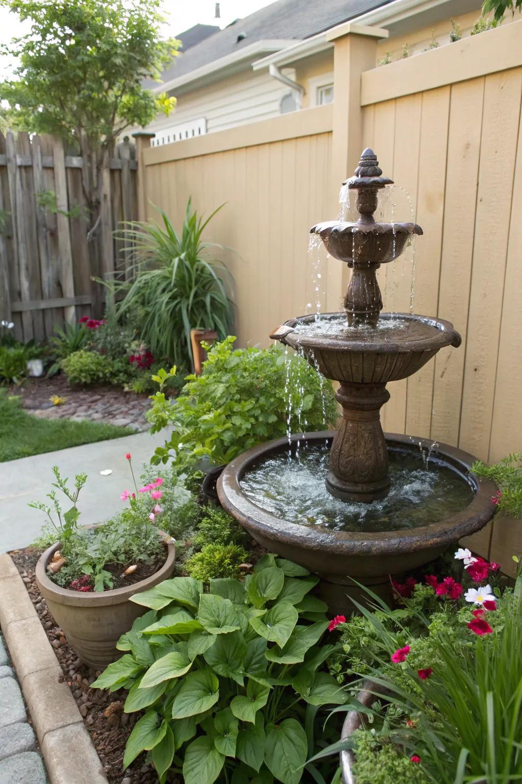 A small aquatic element heightens the backyard’s tranquility.