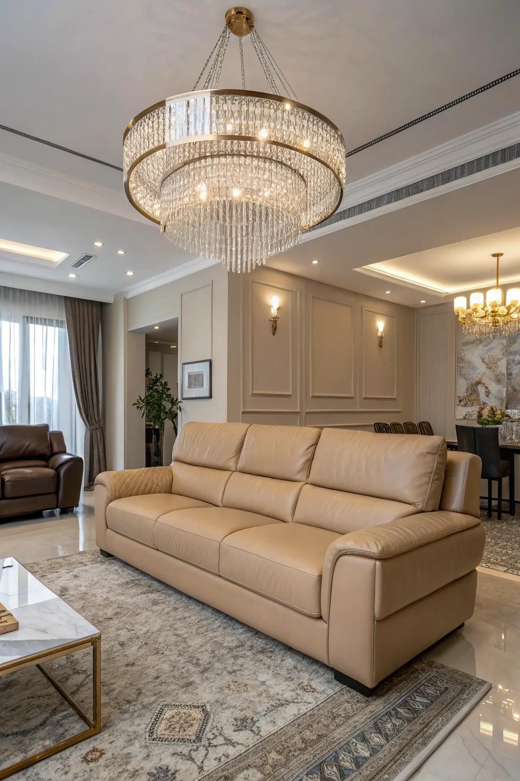 Statement lighting accentuates the beauty of a tawny hide couch.