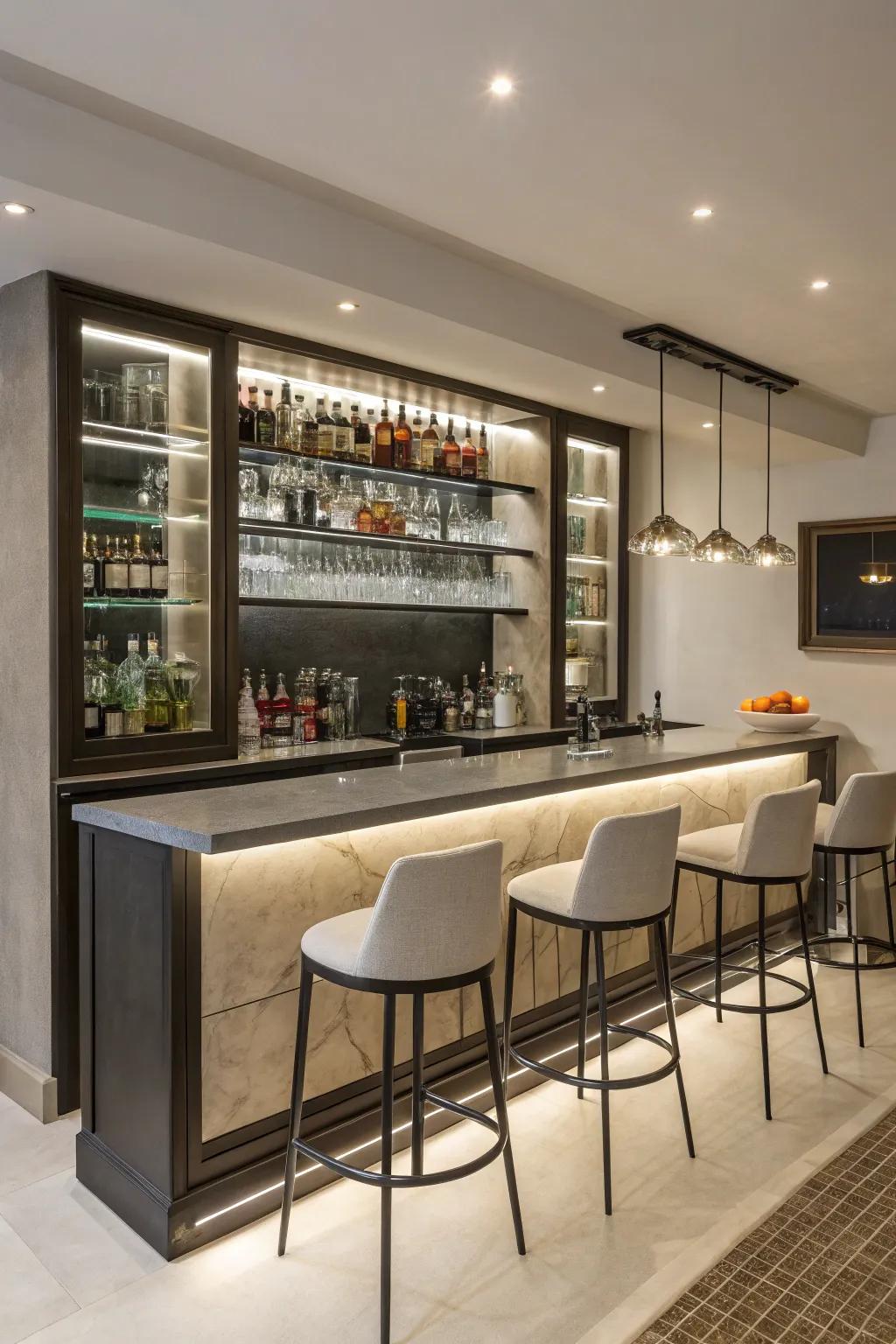 Minimalist ornamental elements spotlight the essentials of your wet bar.