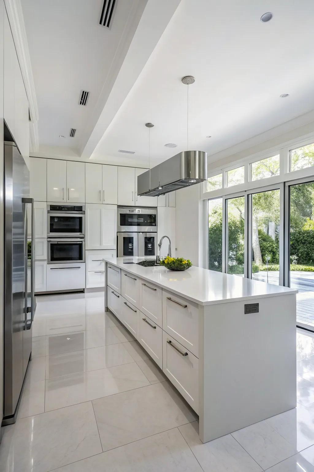 Integrated appliances maintain the kitchen's clean aesthetic.