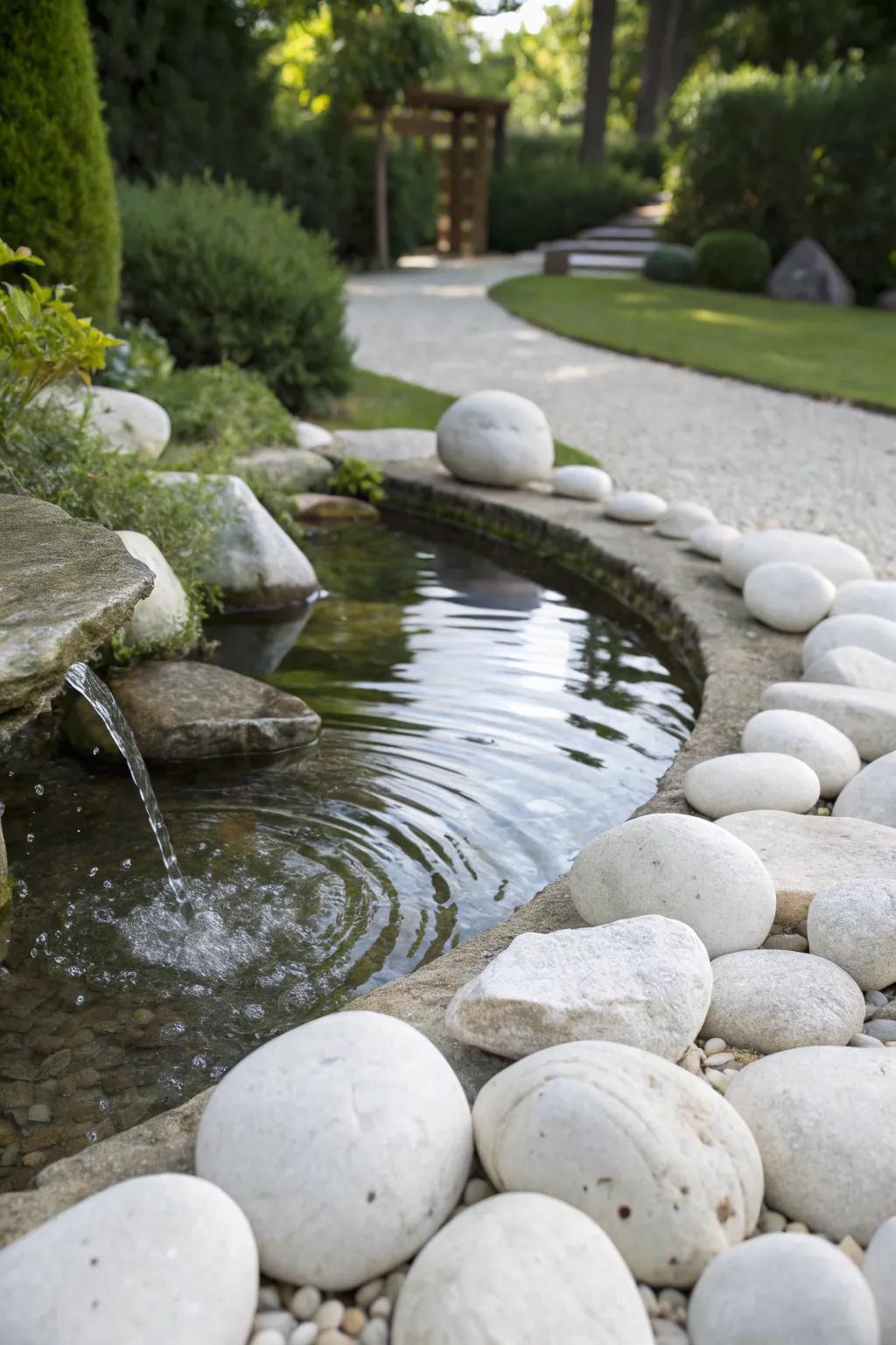 A tranquil aqua feature encircled by pale stones, fashioning a serene garden recess.