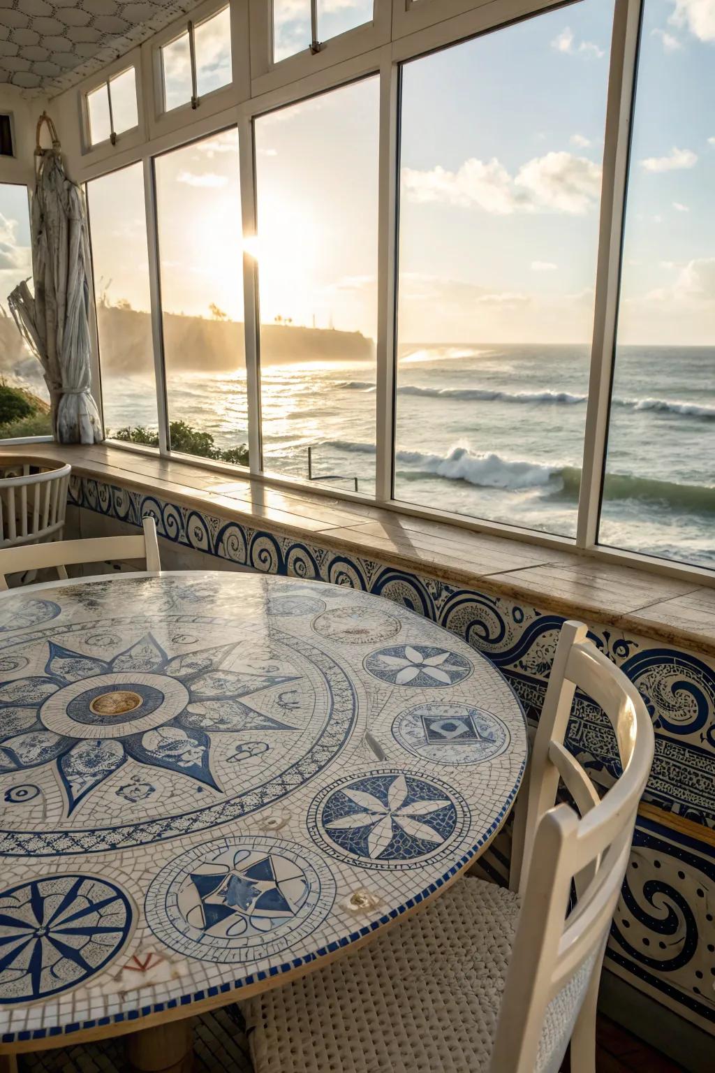 Nautical mosaic patterns summon the serene loveliness of the sea.