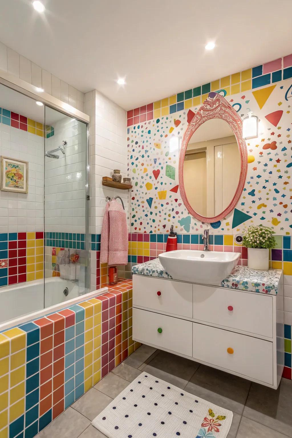 A fun and lively bathroom featuring playful mosaic tile patterns.