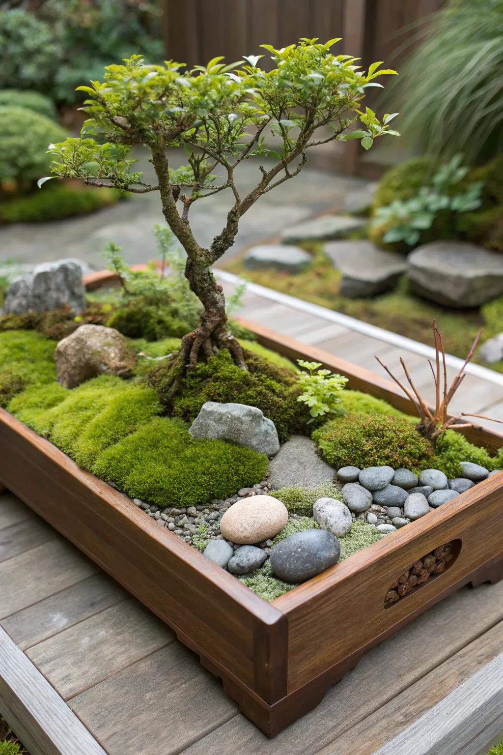 A miniature inspired vegetation garden that transmits a serene elegance inside.