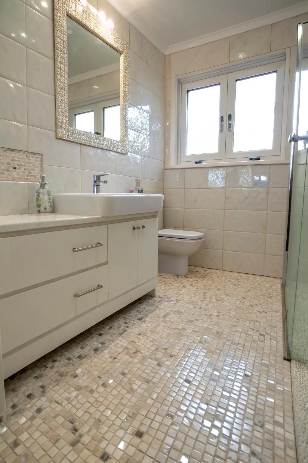 Mother of pearl floor tiles offer understated elegance and reflect light beautifully.