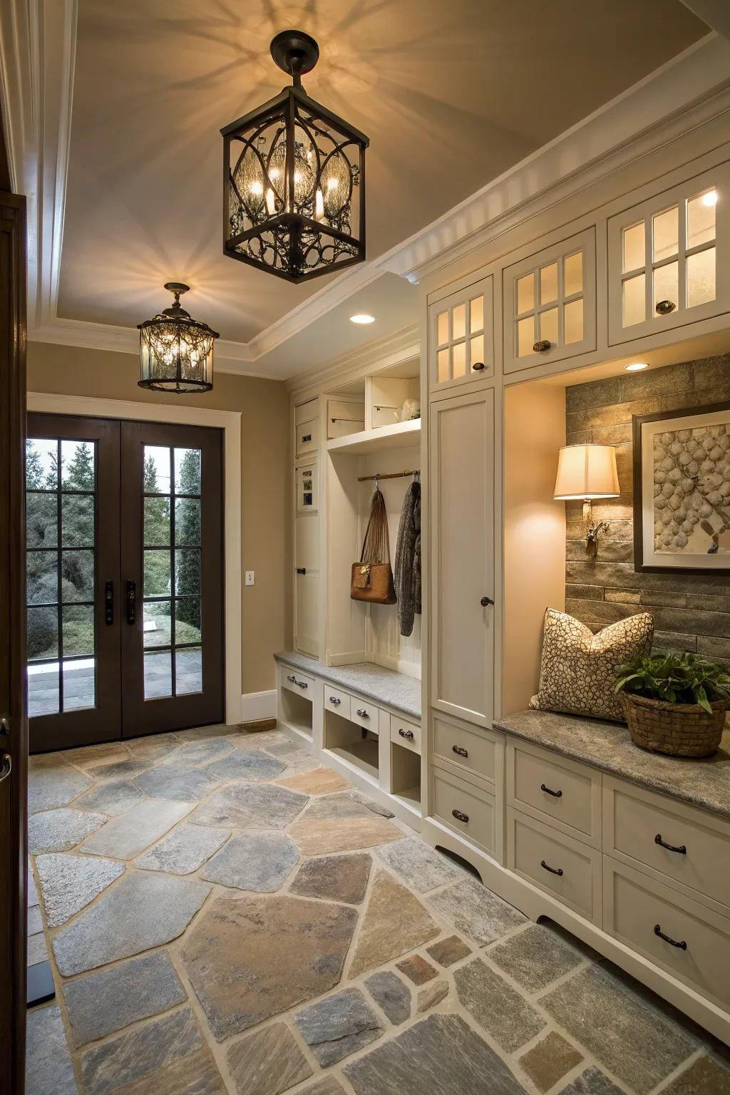 Pure stone covering infuses classic sophistication into any mudroom.