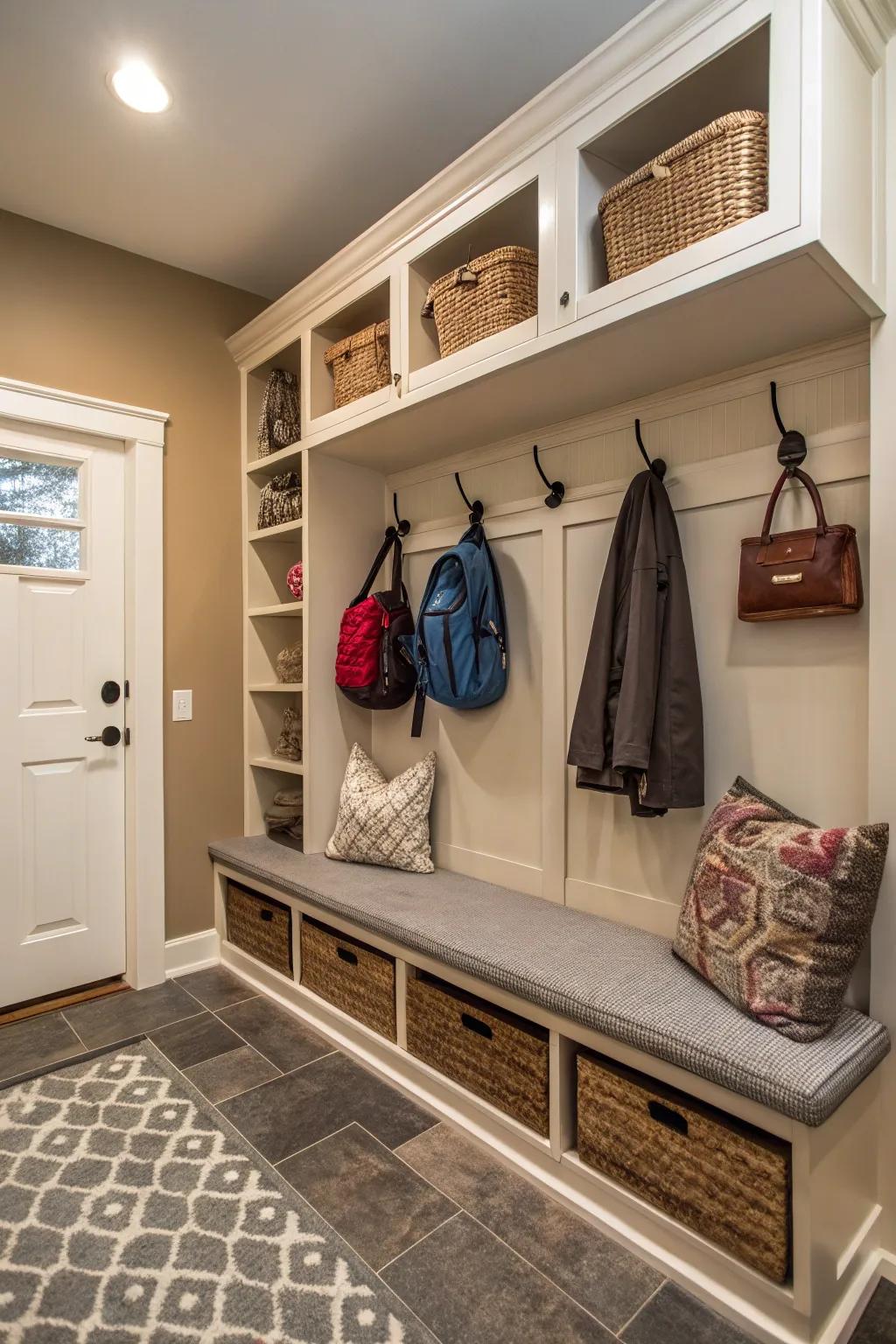 Mudroom exhibiting dual-purpose furniture with fasteners.