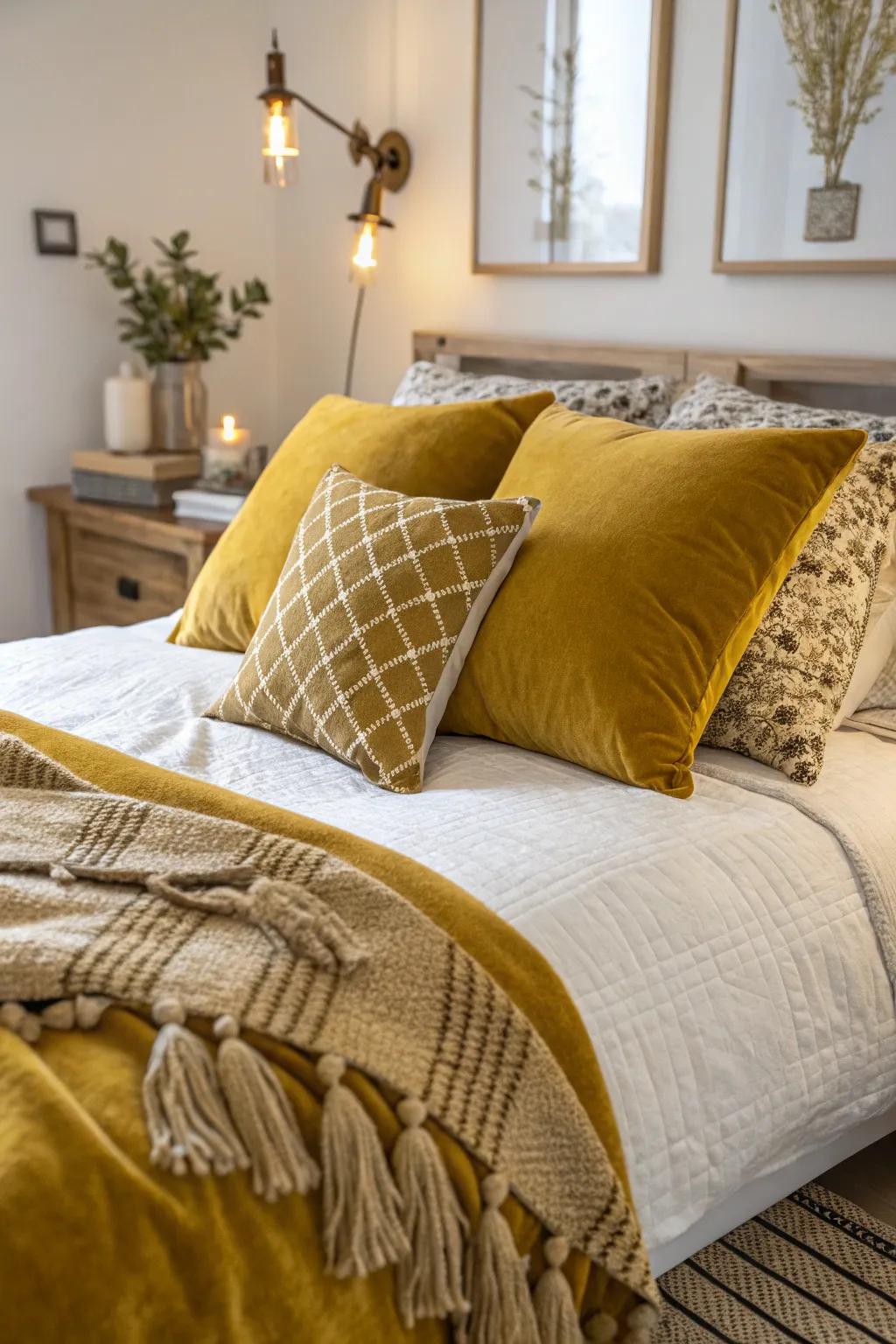A sleeping chamber showcasing amber velvet cushions and woven textile throws.