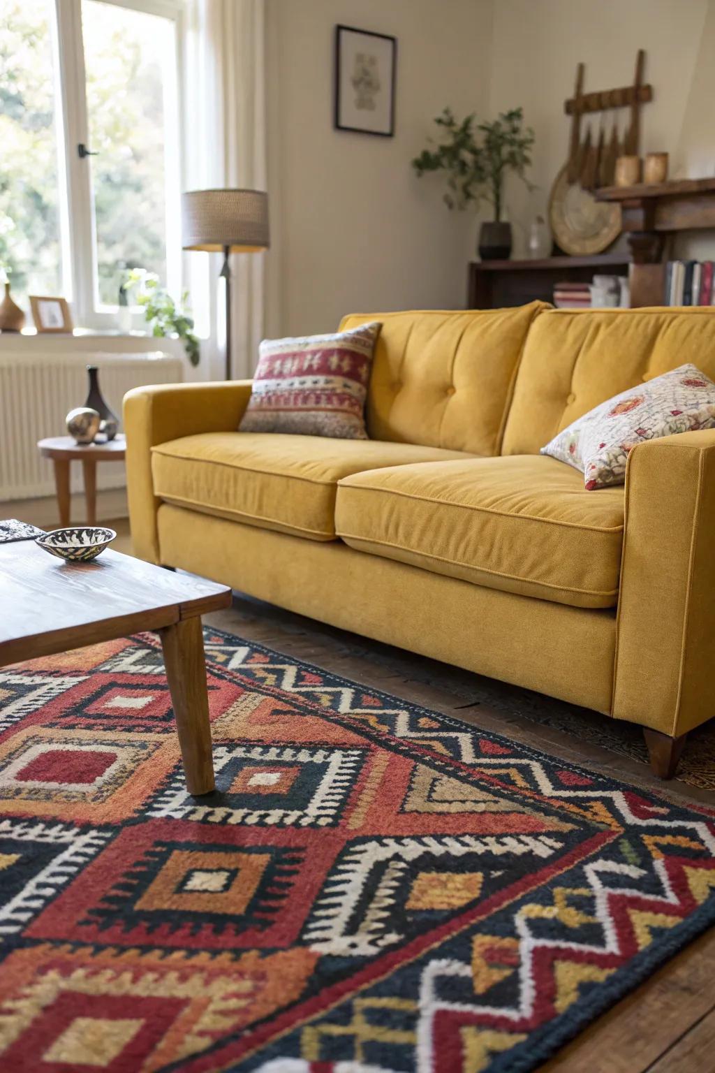 An audacious carpet motif enhances and secures the chamber's aesthetics.