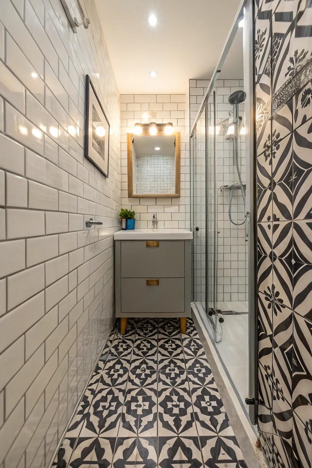 Expressive tiles introduce personality and extensiveness to confined bathroom designs.