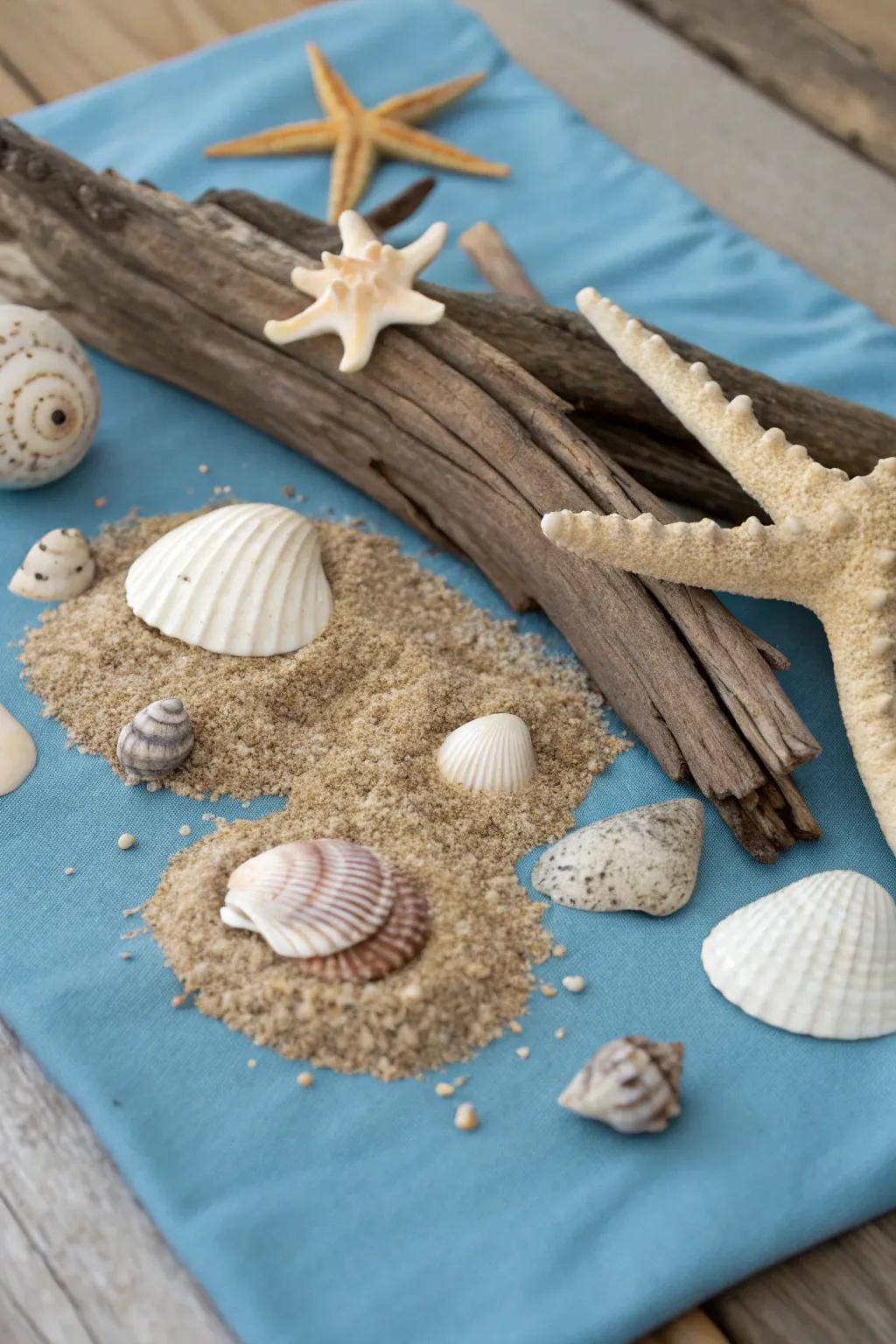A coastal-inspired arrangement employing shells and beachwood.