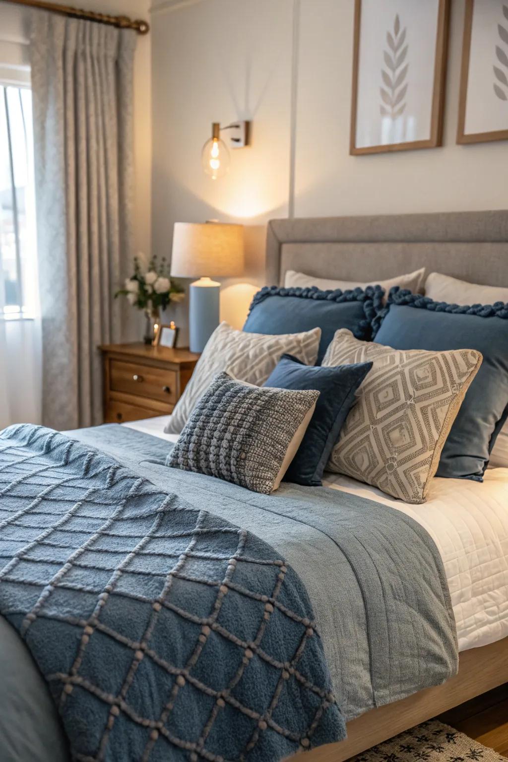 Blue throw pillows add a vibrant pop of color to this serene grey bedroom.