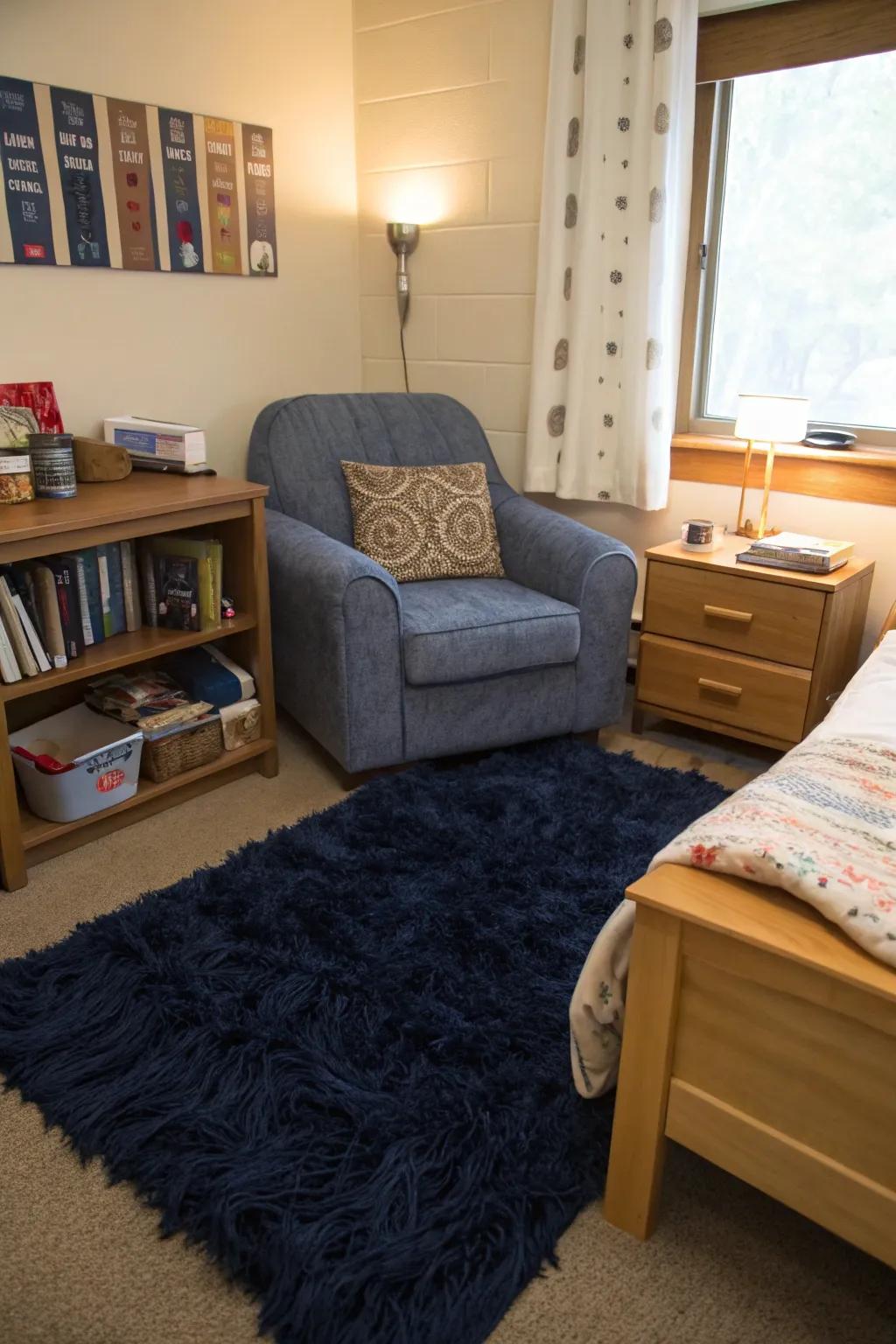 Incorporate warmth and texture within your dorm via a sumptuous deep blue floor covering.