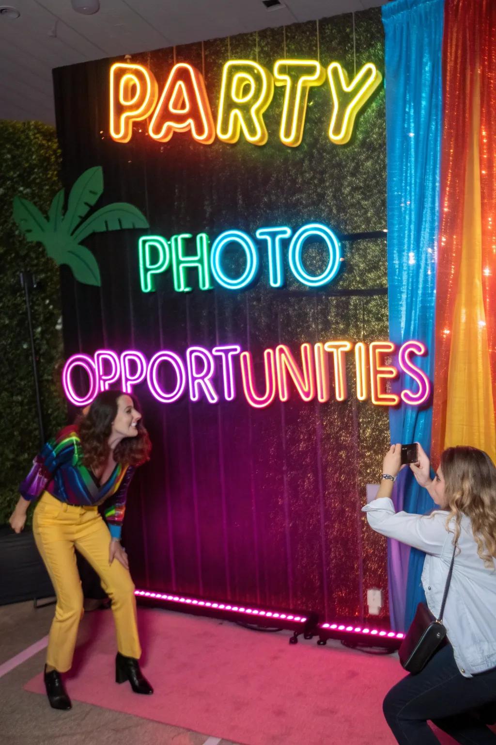 A neon-shaded scene exhibiting spirited phrases, tailored for capturing noteworthy celebration photographs.