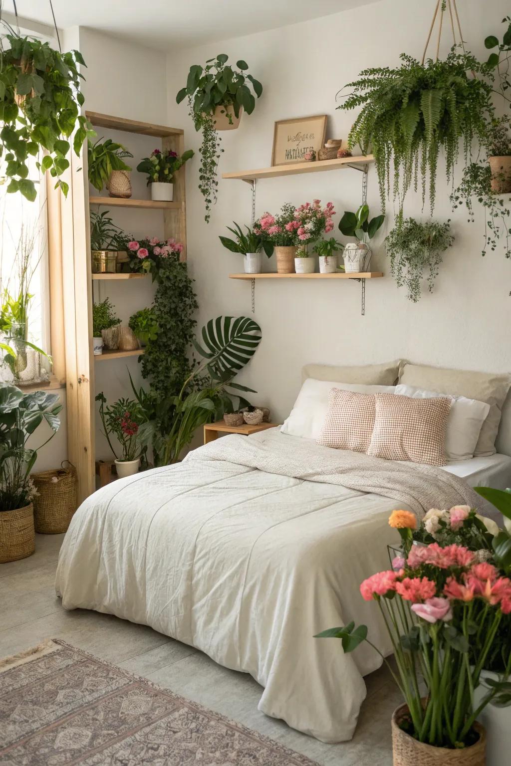 Greenery includes a fresh and vibrant touch to the bedroom.