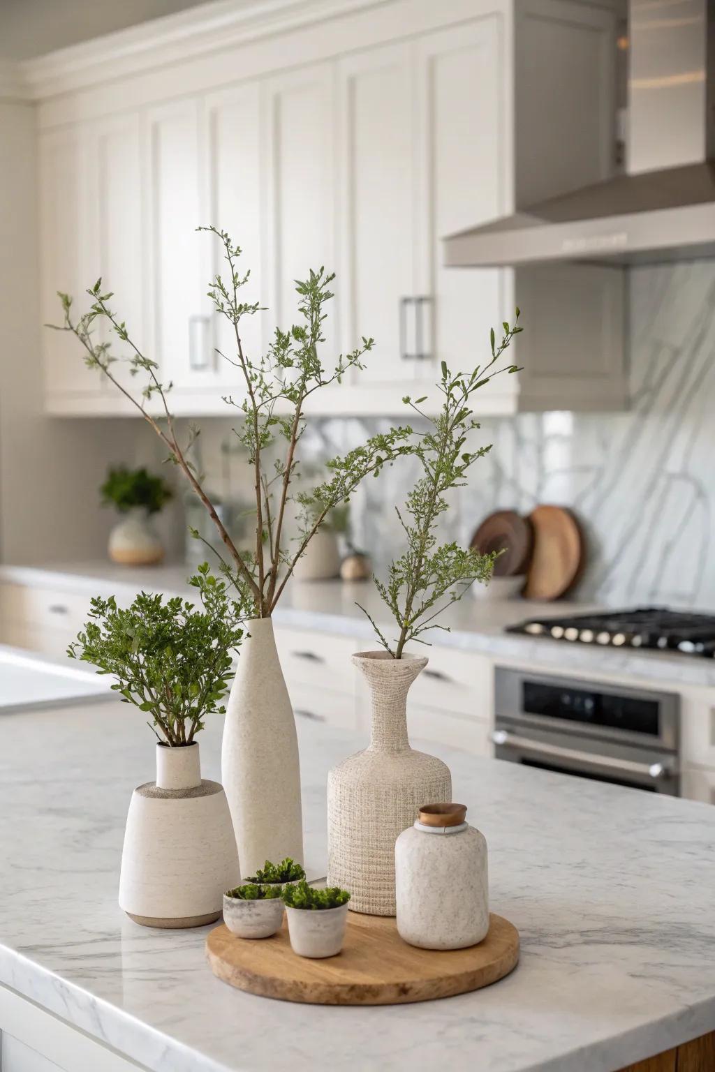 Understated highlights infuse charm into a neutral cooking area without dominating it.