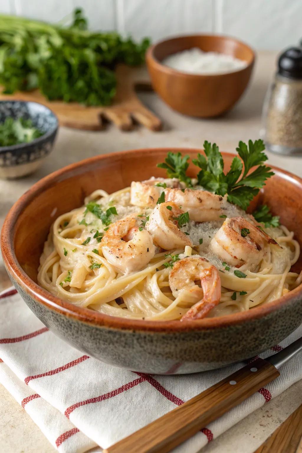 A decadent Blue Cheese shrimp pasta, perfect for an indulgent New Year's Day dinner.
