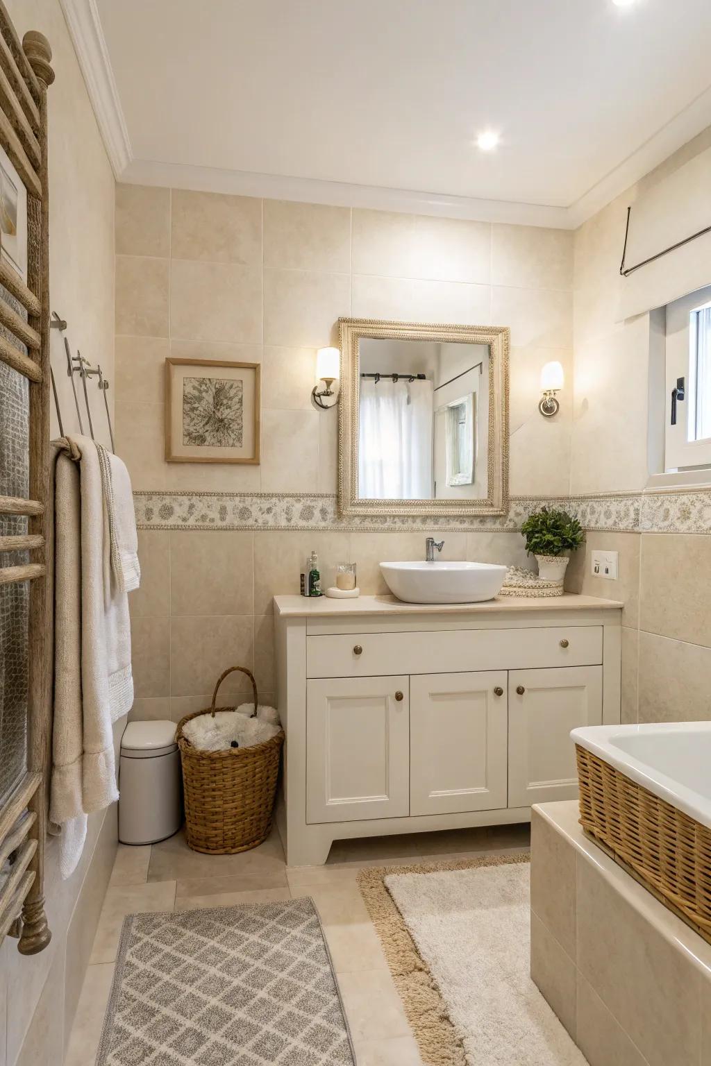 A soothing bathroom displaying a subtle color scheme featuring gentle whites and beiges.