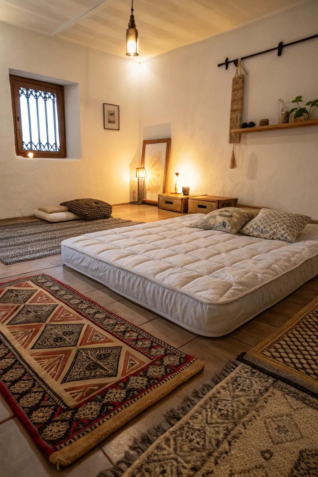 Layered rugs define and warm your sleeping area.