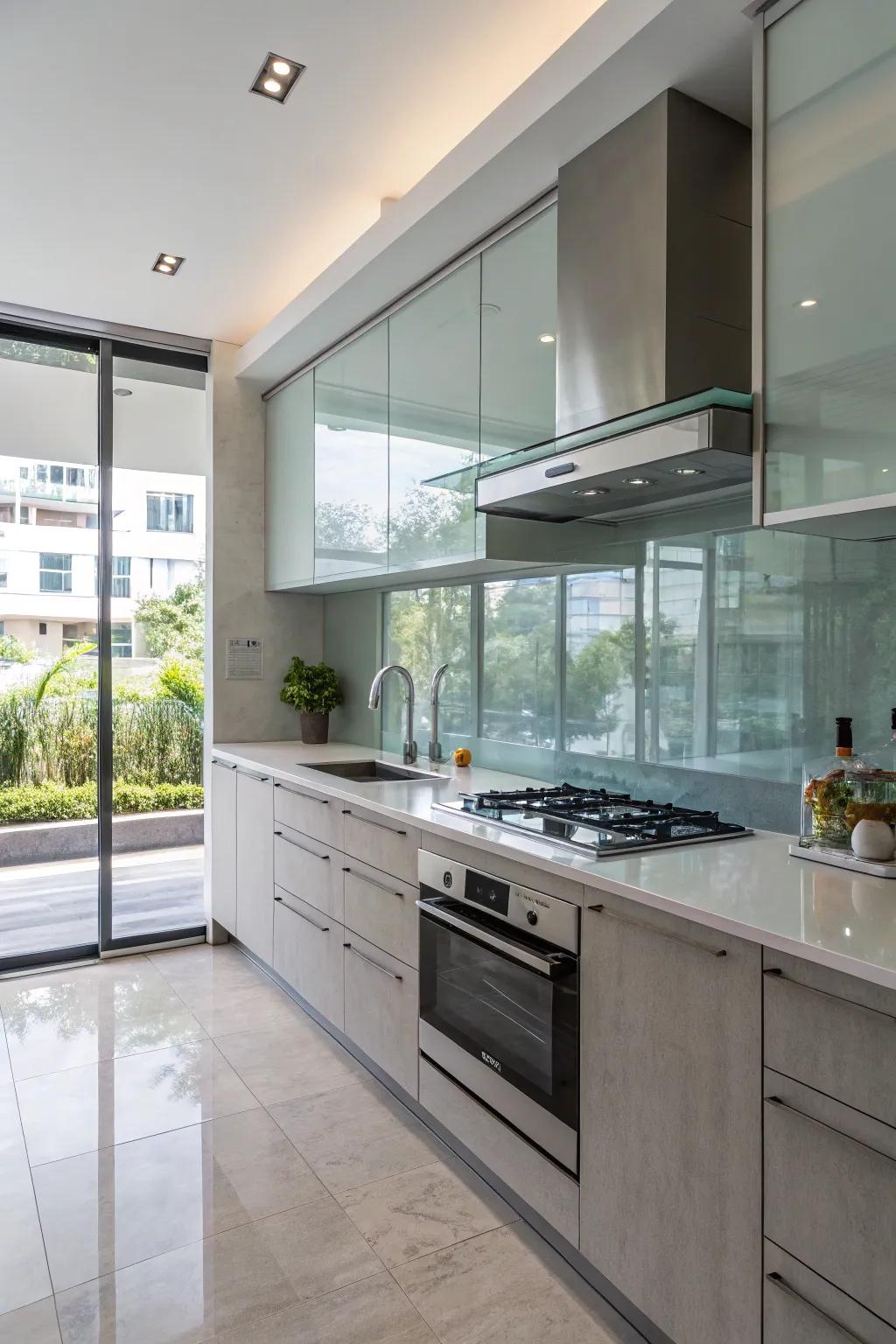 Glass pane backsplashes offer a contemporary and airy atmosphere with easy upkeep.