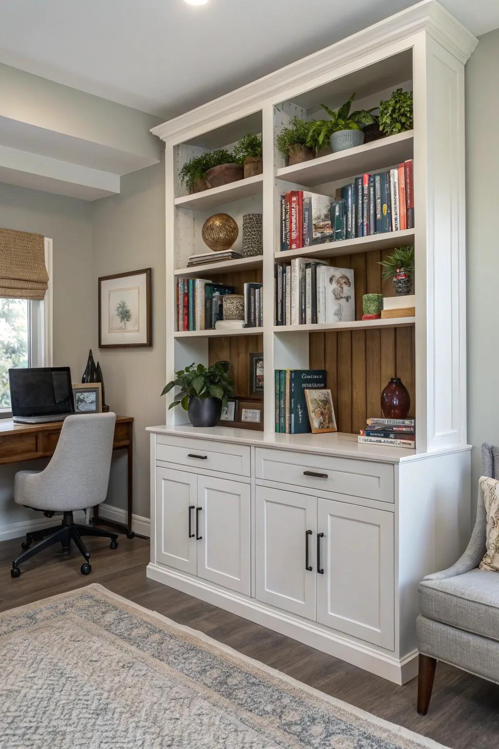 Achieve balance between display and storage through a bookcase-cabinet design.