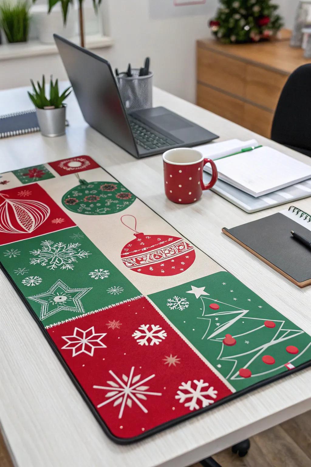 A themed desk overlay imparts understated holiday cheer.