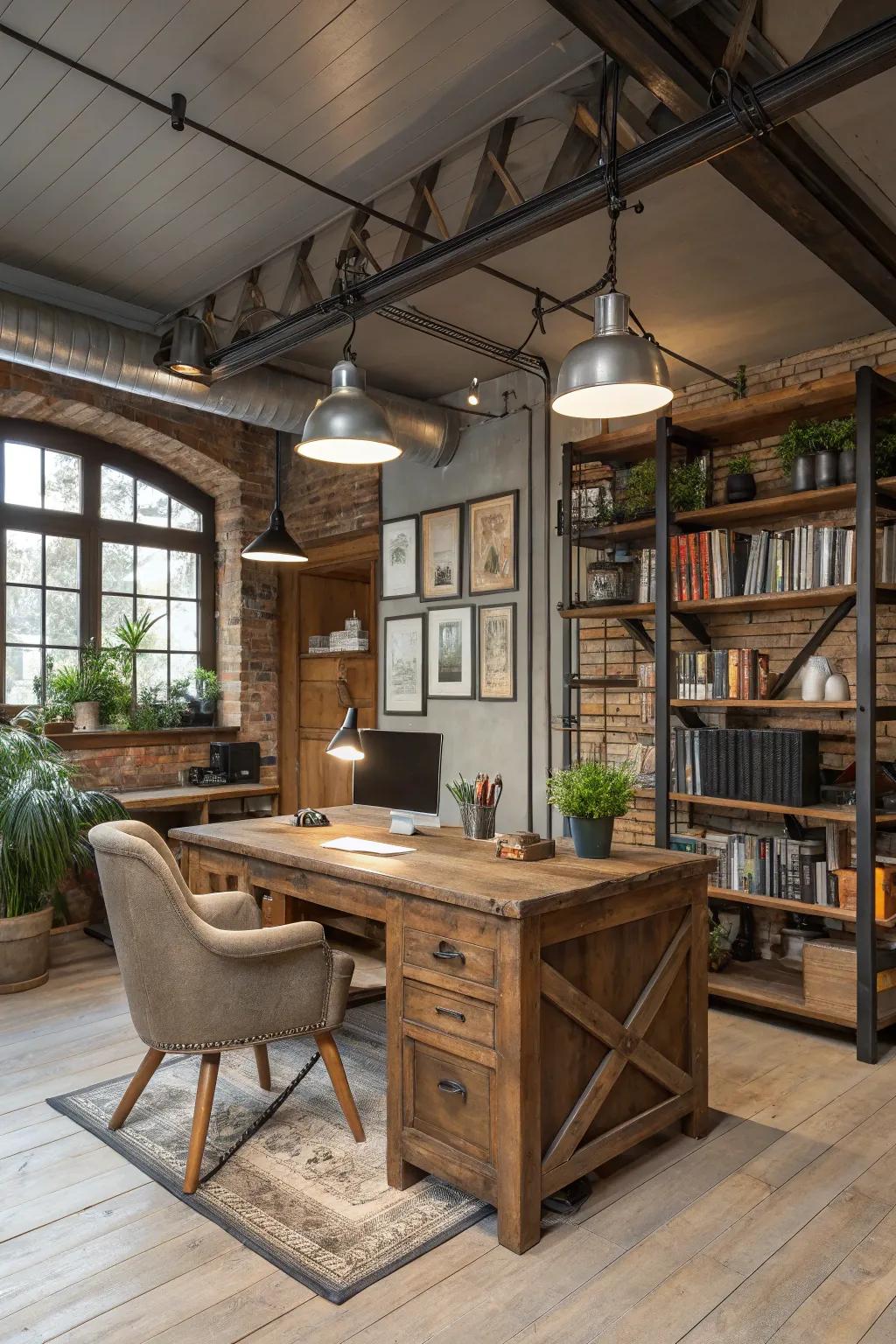 Exposed components bring industrial charm to a creative workspace.