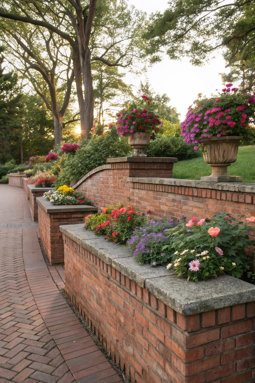 A seating structure with flora introduces utility and attractiveness to the patio