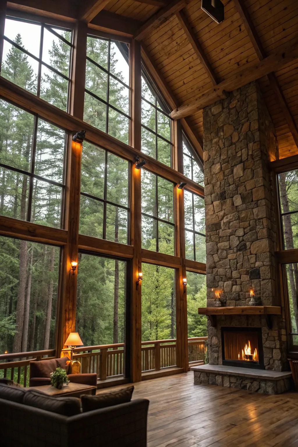 A lodge interior featuring expansive windows offering a captivating forest vista.