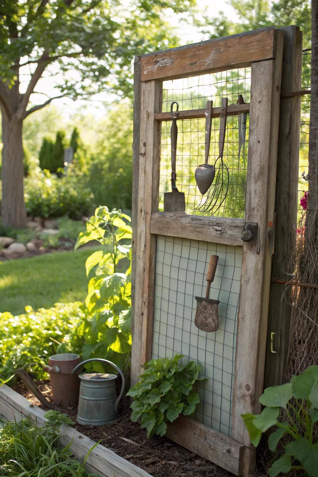 Elevate your gardening space with countryside allure: repurpose a reclaimed screen door as a gardening bench scenery.