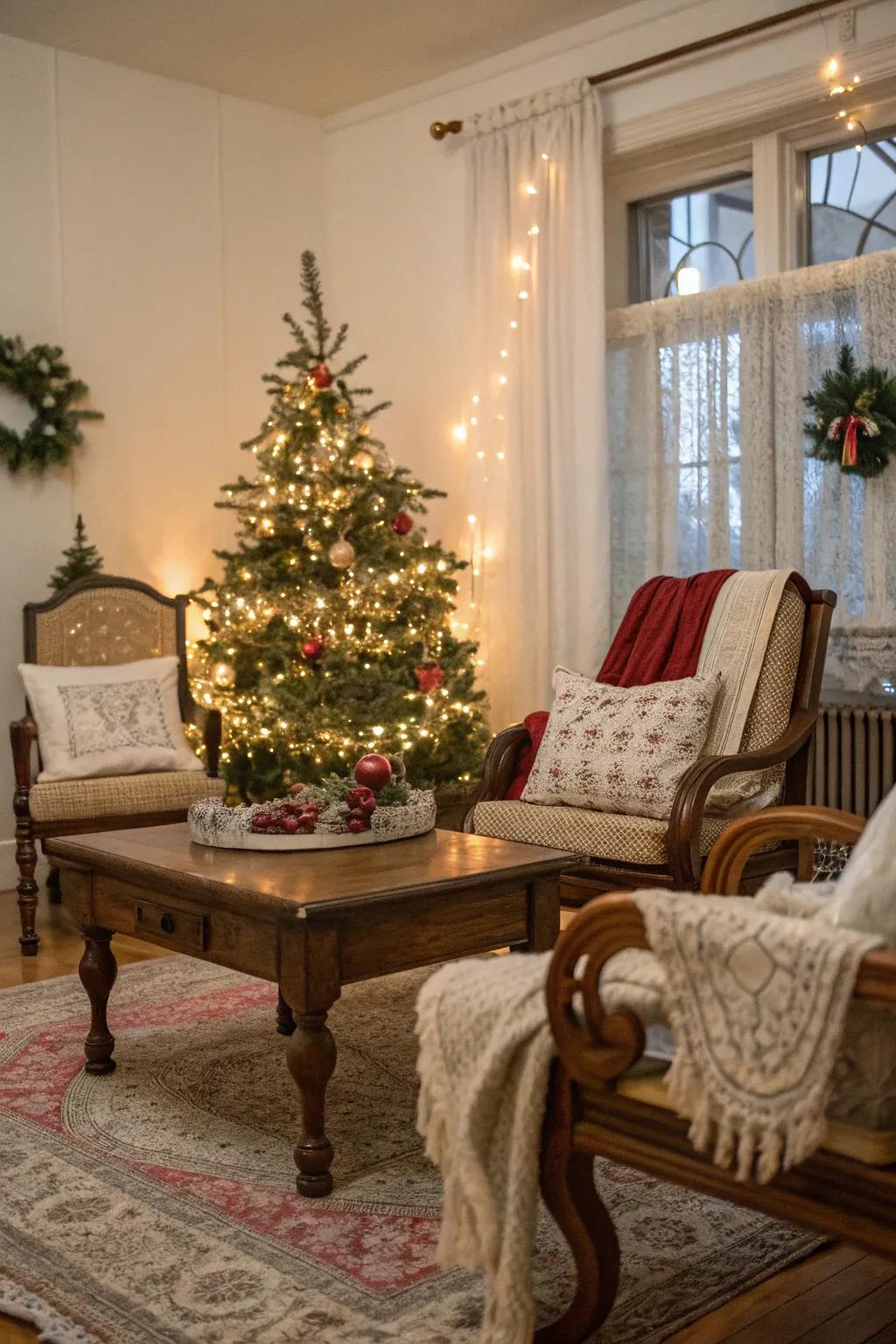 Antiquated furnishings append character and narrative to your holiday décor.