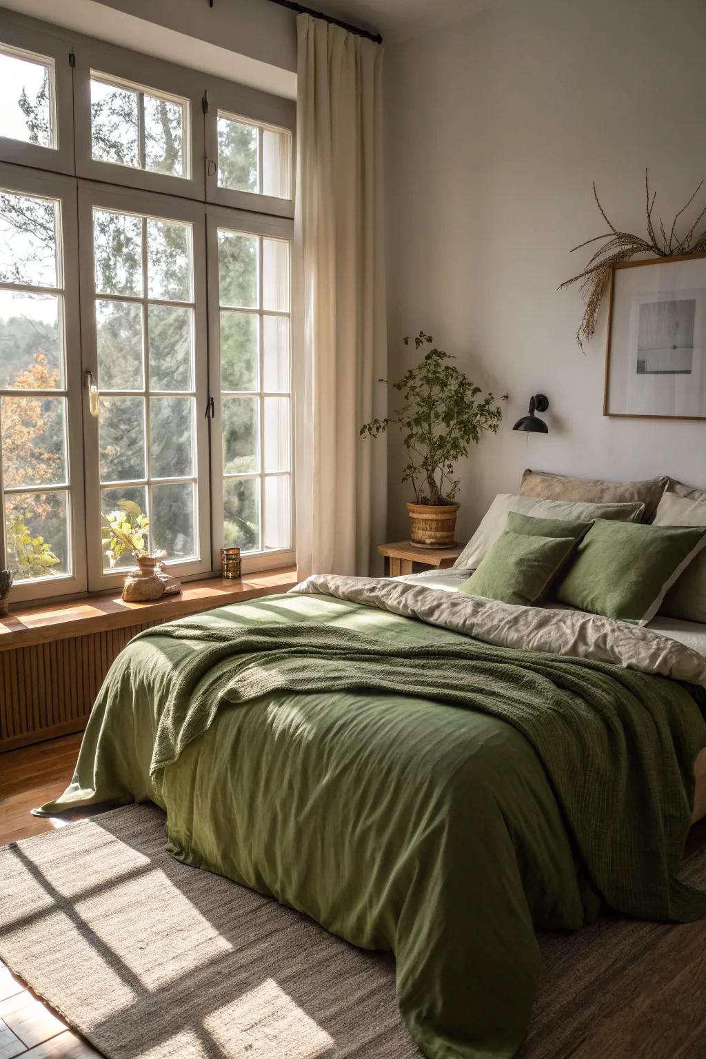 Natural light enriches the inherent charm of <strong><em>olive green bedding</em></strong>.” loading=”lazy” class=”pimg”>
	</picture><figcaption>Natural light enriches the inherent charm of <strong><em>olive green bedding</em></strong>.</figcaption></figure>
<p>Arrange your bed to best capture natural light, which beautifully enhances the olive green hue. I’ve come to appreciate that daylight introduces an inviting radiance, rendering the room even more welcoming.</p>
<h3>Possibly handy products:</h3>
<ul class=