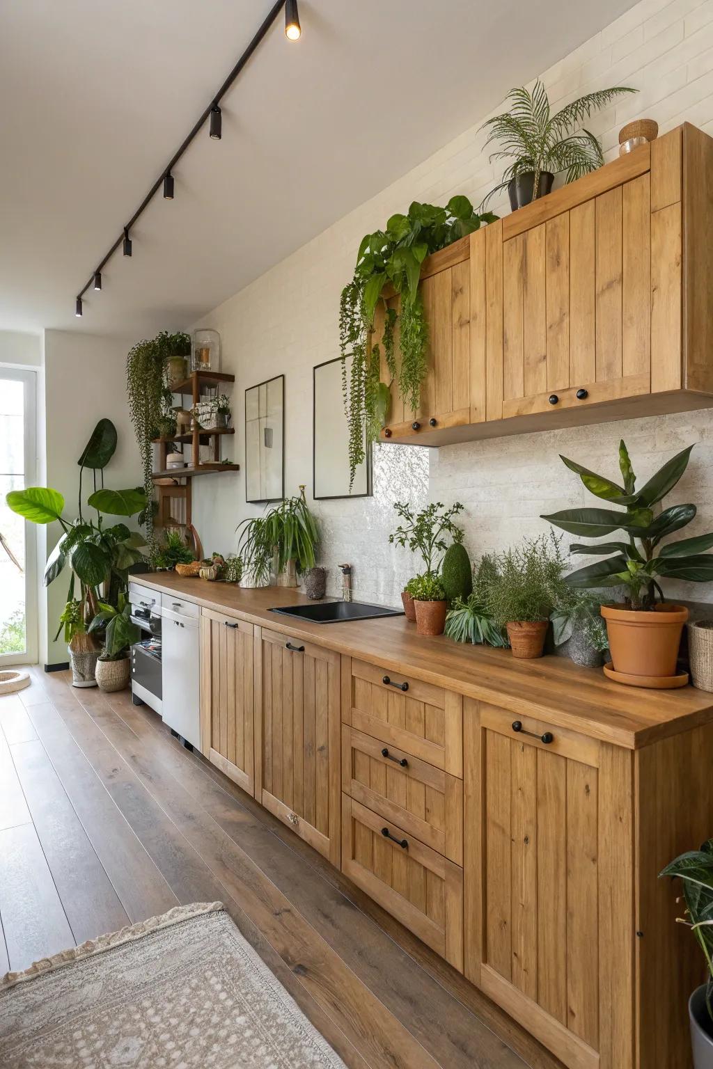 Organic details like wood and flora in a kitchen introduce warmth.