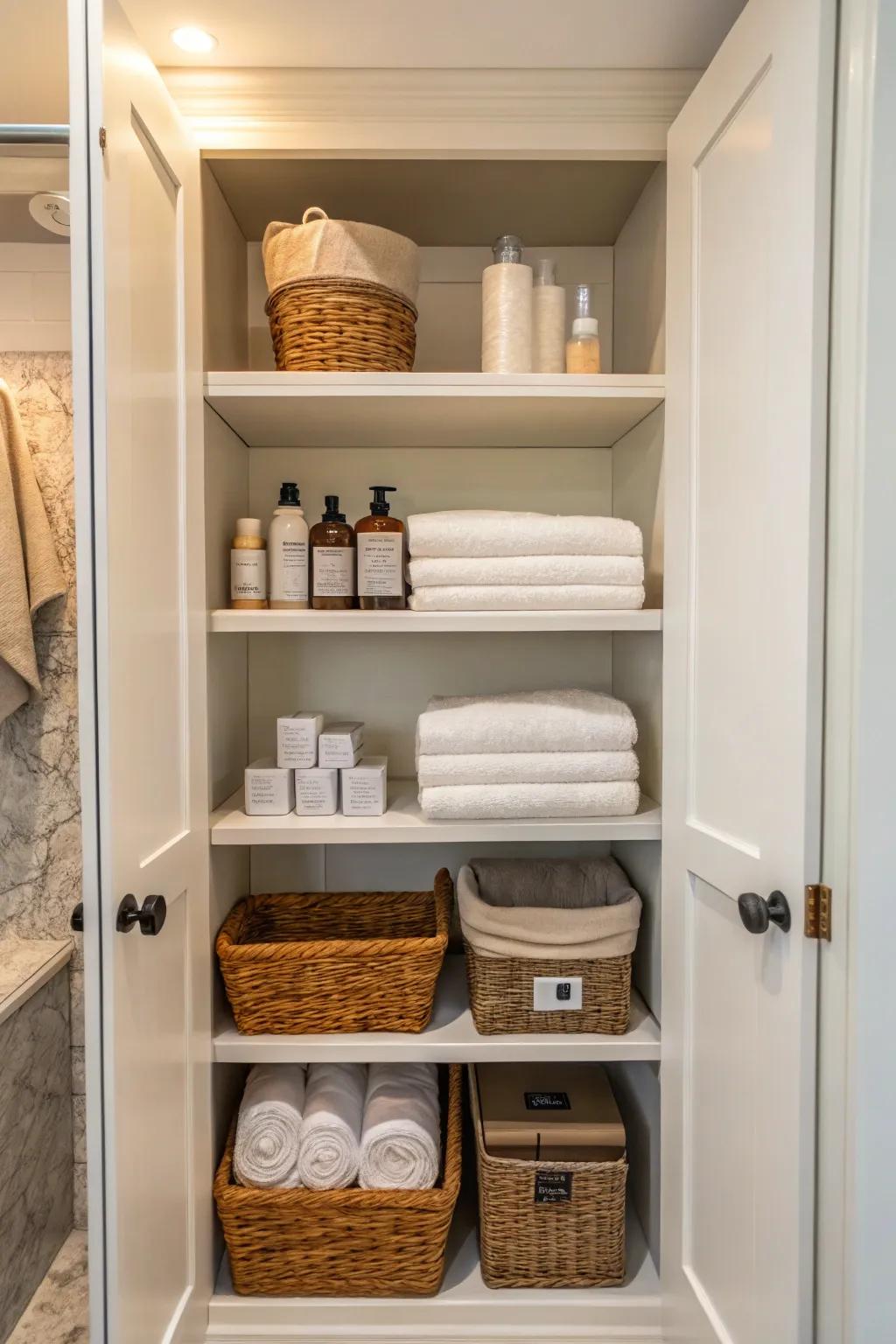 Keep essential toiletries on open shelves where they are easily accessible.