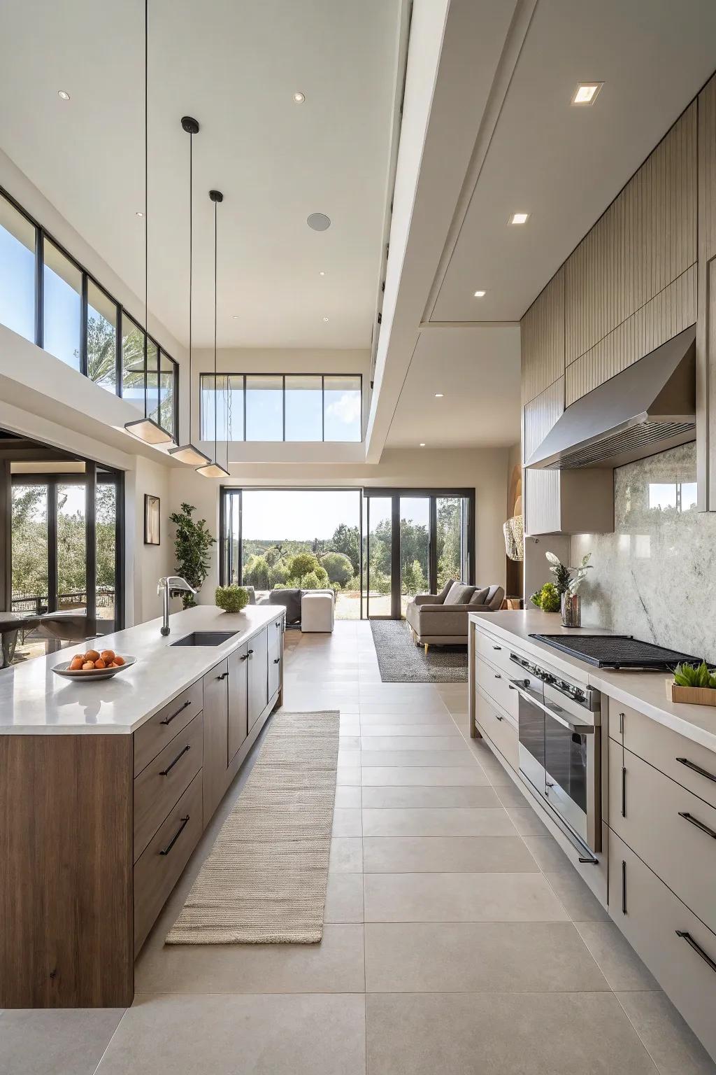 Sleek lines and neutral shades craft a serene kitchen setting.