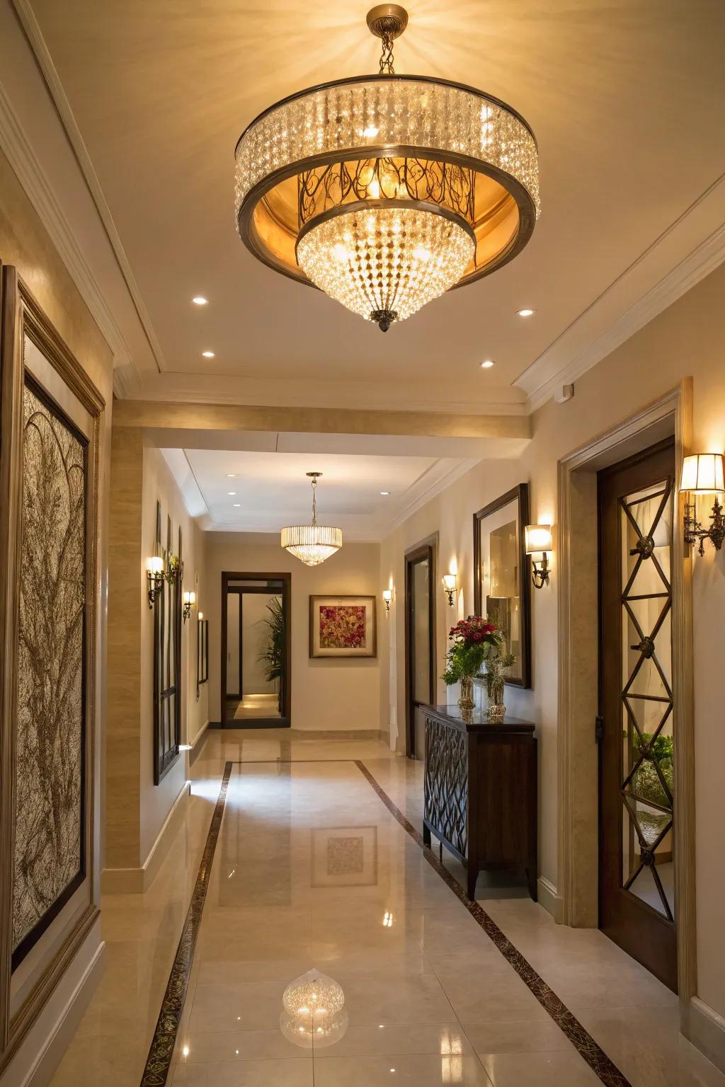 Fashionable lighting elevates an entryway, instilling elegance and atmosphere.