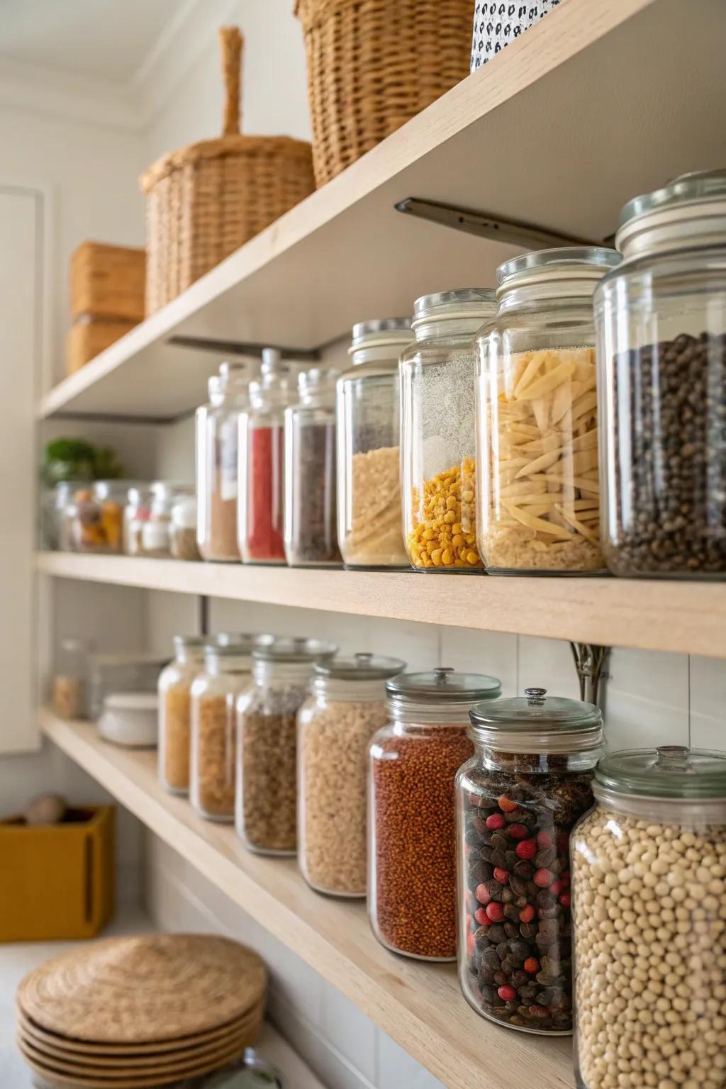 Pantry items are easily visible and fresh in glass containers.